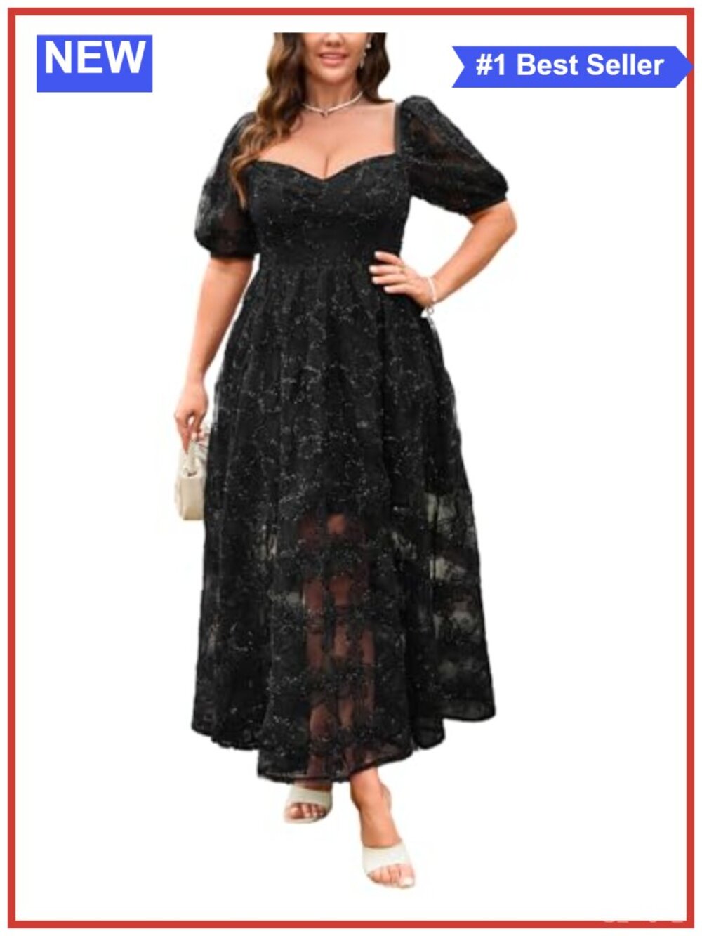 Plus Size Floral Embroidered Cocktail Dress Puff Sleeve High Waist Maxi Wedding